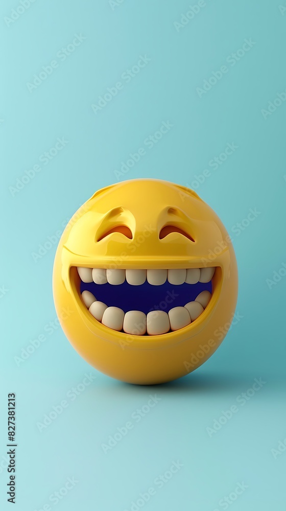 grinning emoji on a pale blue background with space for copy The emoji is bright yellow with a wide, toothy grin grinning emoji on a pale blue background with space for copy The emoji is bright yellow with a wide, toothy grin