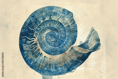 Blue watercolor illustration of ammonite shell in elegant beige background, nature and science theme
