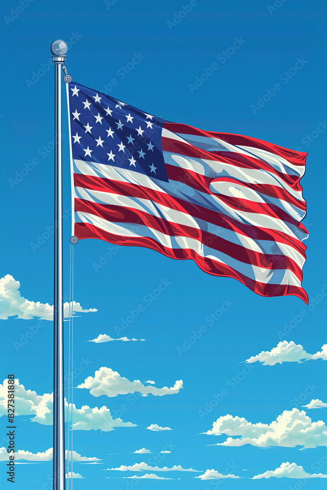 Closeup of the American flag on a high flagpole waving proudly against the blue sky. Closeup of the American flag on a high flagpole waving proudly against the blue sky.