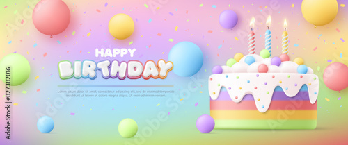 3D Happy birthday greeting card with cute rainbow cake and balloon on colorful background, baby birthday anniversary party event, kid sale banner, flyer, advertising, social media, wallpaper, website