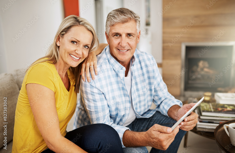 Couple, portrait and tablet on sofa for social media, news and online on couch in living room. Technology, internet and app on digital website in home, man and woman people in lounge with touchscreen Couple, portrait and tablet on sofa for social media, news and online on couch in living room. Technology, internet and app on digital website in home, man and woman people in lounge with touchscreen