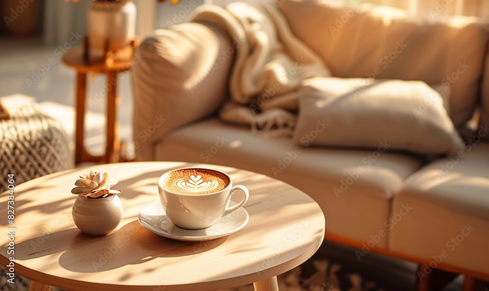 Serene Living Room Scene with Sunlight and Coffee