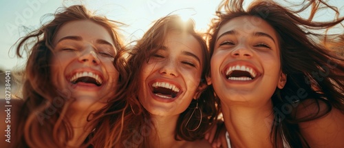 Three women with long hair are smiling and laughing together