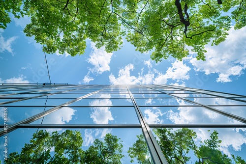 Vibrant Skyline Viewed Through Glass Windows with a Reflection of Tree Branches