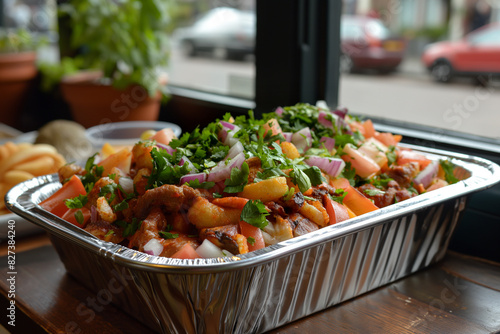 Traditional Dutch fast food kapsalon of french fries, meat, fresh salad and sauce