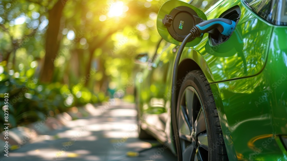 A Sleek Electric Car Receiving Electric Energy From a Charging Station A Sleek Electric Car Receiving Electric Energy From a Charging Station