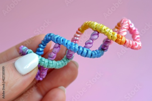 Bright and colorful DNA helix held by fingers against a pastel pink background, highlighting creativity and innovation in genetic research