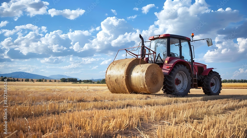 Obraz premium Bucolic Beauty: Rustic Charm and Agricultural Elegance Captured in a Vibrant Scene of a Tractor Baling Hay on a Sunlit Farm Field