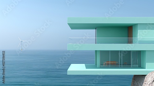 Modern minimalist house with ocean and wind turbine view. © Pukkaraphong