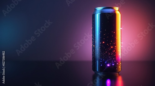 A vibrant soda can with colorful and sparkling lights against a dark background. Perfect for advertising and commercial use.