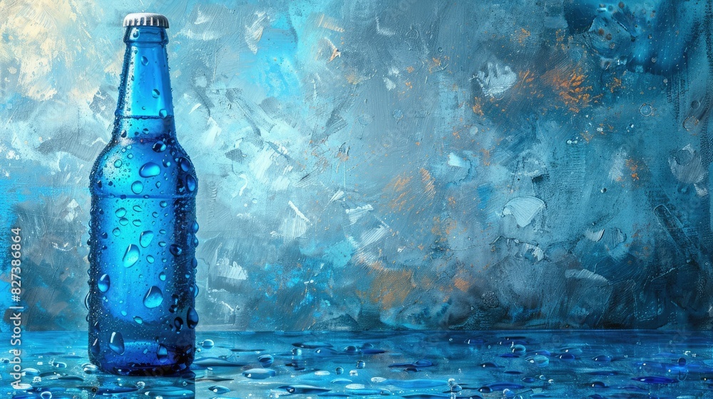 Blue glass bottle with condensation droplets on artistic blue background. High-quality stock photo for beverage and drink-related projects. Blue glass bottle with condensation droplets on artistic blue background. High-quality stock photo for beverage and drink-related projects.