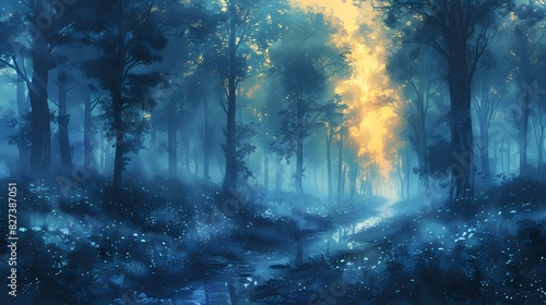 an enchanted forest with soft liquid hues filtering through the trees