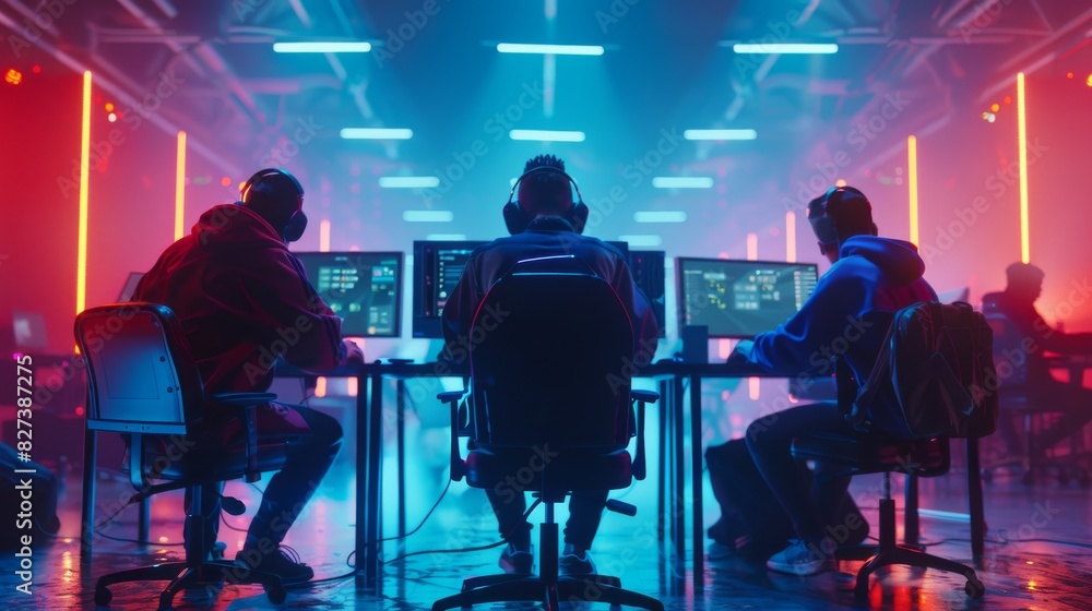 Three men are sitting in front of computer monitors in a brightly lit room Three men are sitting in front of computer monitors in a brightly lit room