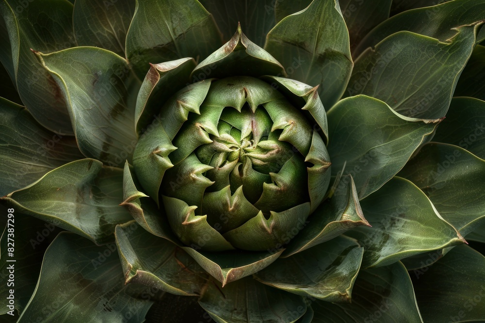 Fototapeta premium Detailed macro shot of a whole, green artichoke, showcasing its natural patterns and texture