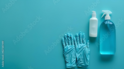 Medical gloves and sanitizer with blue background photo