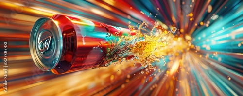 Dynamic image of a red soda can bursting with energy and speed, surrounded by vibrant, colorful streaks and splashes. photo