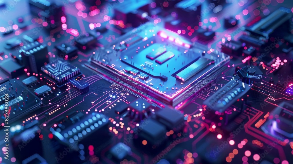 A computer chip is shown in a bright purple color A computer chip is shown in a bright purple color