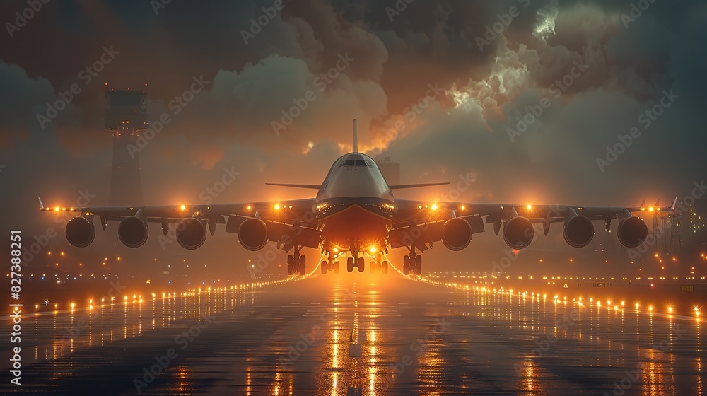 Naklejka premium A cargo plane preparing for takeoff at night.