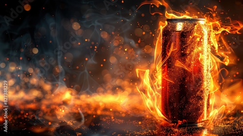 Vibrant image of a burning can enveloped in flames, encapsulating intense energy and passion with a dramatic fiery background.