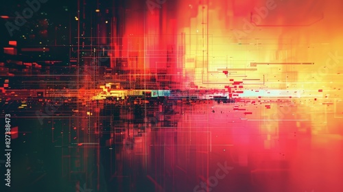 An abstract image featuring vintage glitch effects with overlapping patterns and colors, creating a sense of digital distortion. The photograph highlights minimalist shapes with subtle imperfections