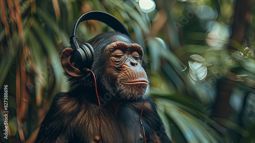 monkey with headphones listening to music in the jungle, monkey in the nature, monkey listening music, monkey in the forest photo