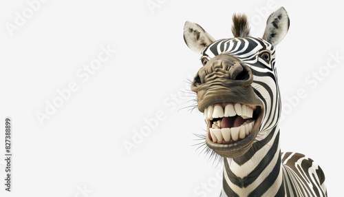 A striking image of a zebra displaying a playful and wide smile  set against a clean white background