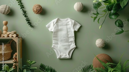 White cotton baby short sleeve bodysuit and natural wooden toys on light green background photo