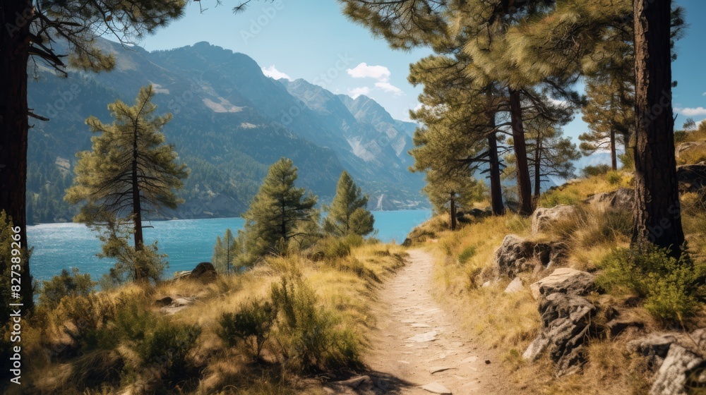 Scenic Trail Through The Pines With A Glimpse Of Mountain Lake At Sunset. Generative AI Scenic Trail Through The Pines With A Glimpse Of Mountain Lake At Sunset. Generative AI