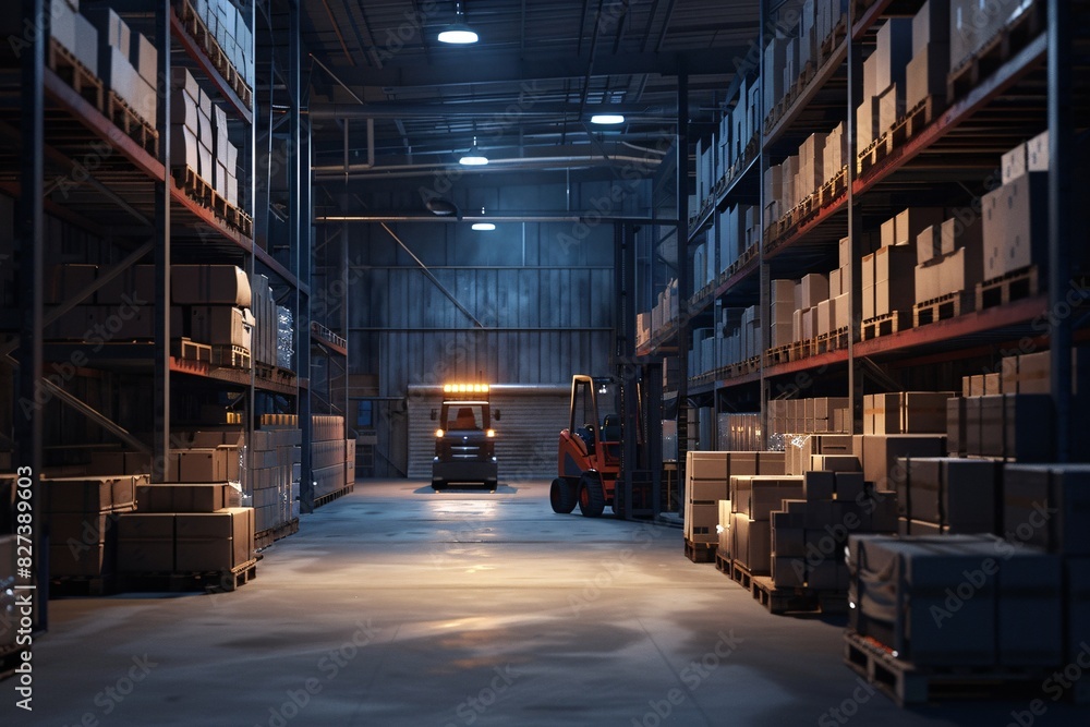Warehouse at Night with Storage Crates Warehouse at Night with Storage Crates