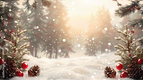 Christmas background with snow-covered fir trees and red ornaments
