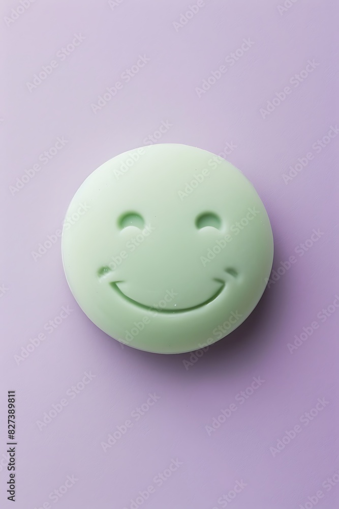 Fototapeta premium relieved emoji on a lavender background with space for copy The emoji is light green with a calm smile