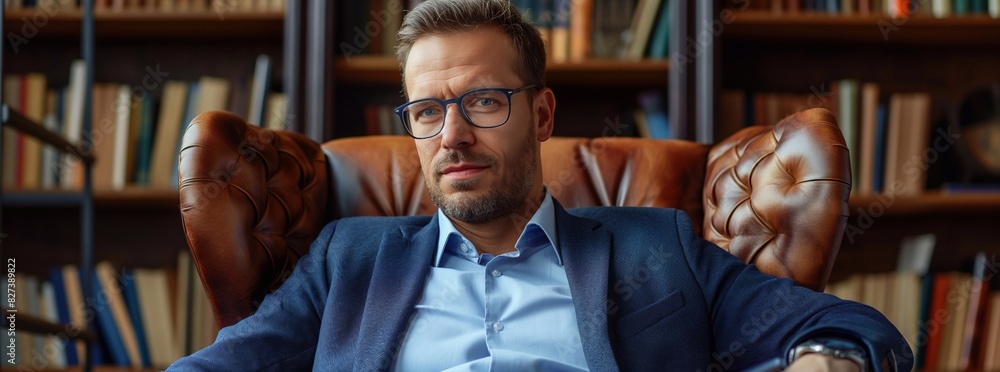 handsome middle aged businessman sitting in leather chair, wearing glasses and blue shirt with suit jacket, office background with bookshelves, generative AI handsome middle aged businessman sitting in leather chair, wearing glasses and blue shirt with suit jacket, office background with bookshelves, generative AI