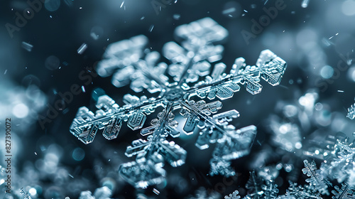 A snowflake is captured in a blurry photo with a purple background