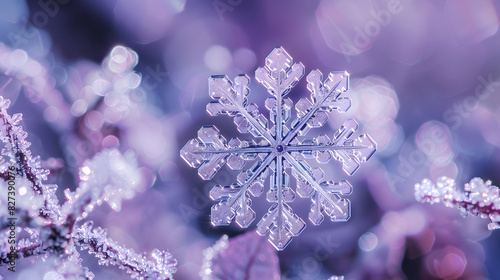 A snowflake is captured in a blurry photo with a purple background