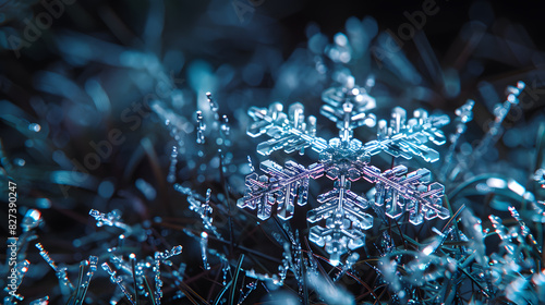 A snowflake is captured in a blurry photo with a purple background