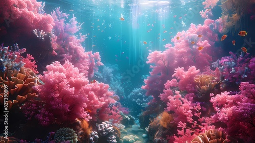 an underwater scene with corals and fish glowing in soft liquid hues