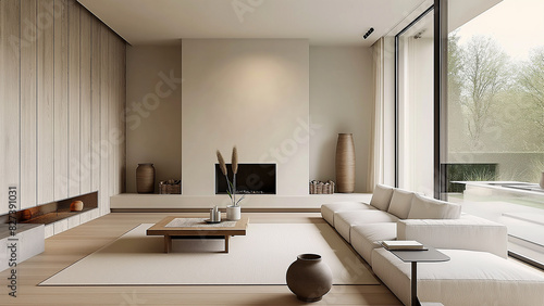 Fine living room with modern decor. Real estate  villa  minimalist room  sofa  copy space  mock-up
