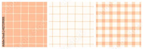 Peach pink patchwork quilt gingham check and grid seamless vector pattern. Pastel pink on white vichy check plaid print.