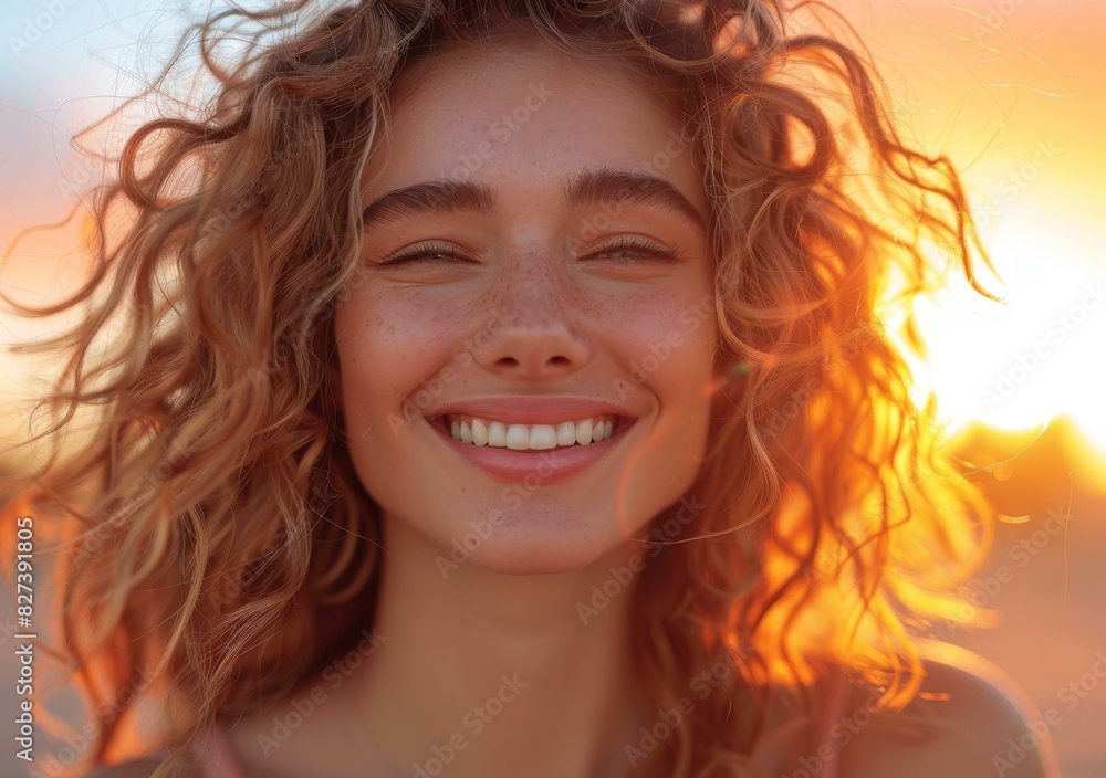 portrait of a smiling woman with curly hair portrait of a smiling woman with curly hair