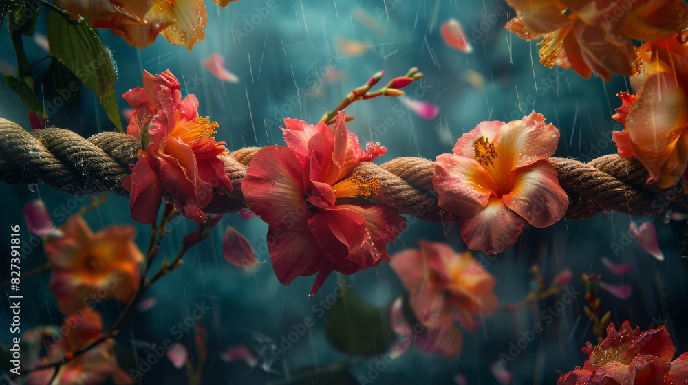 A rope is tied between two flowers, creating a beautiful and serene scene A rope is tied between two flowers, creating a beautiful and serene scene
