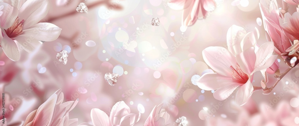 Elegant pastel pink background with blooming magnolia flowers and diamond. Elegant pastel pink background with blooming magnolia flowers and diamond.