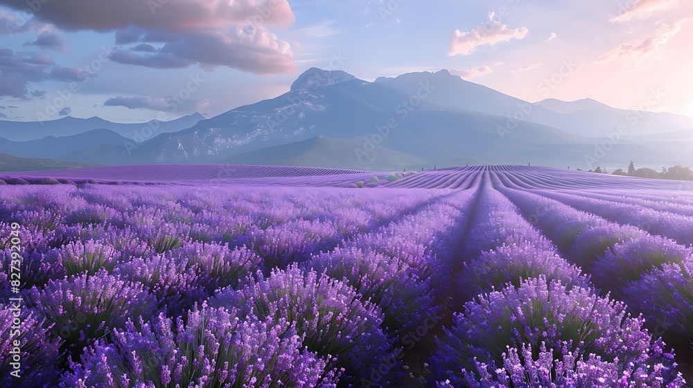 Serene Lavender Fields: A Captivating Vista of Endless Purple Blooms Stretching Across the Vast Countryside, a Symphony of Color and Tranquility