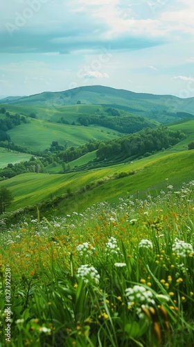 Panoramic Landscape of Green Hills with Blossoming Flowers