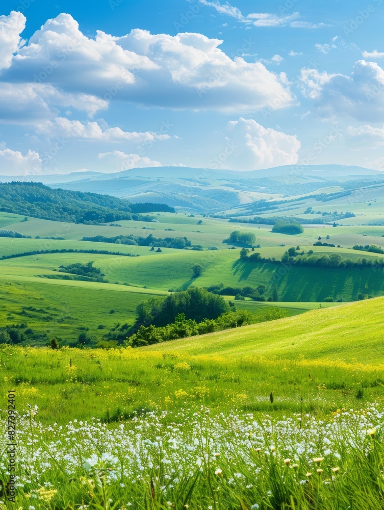 Panoramic Landscape of Green Hills with Blossoming Flowers