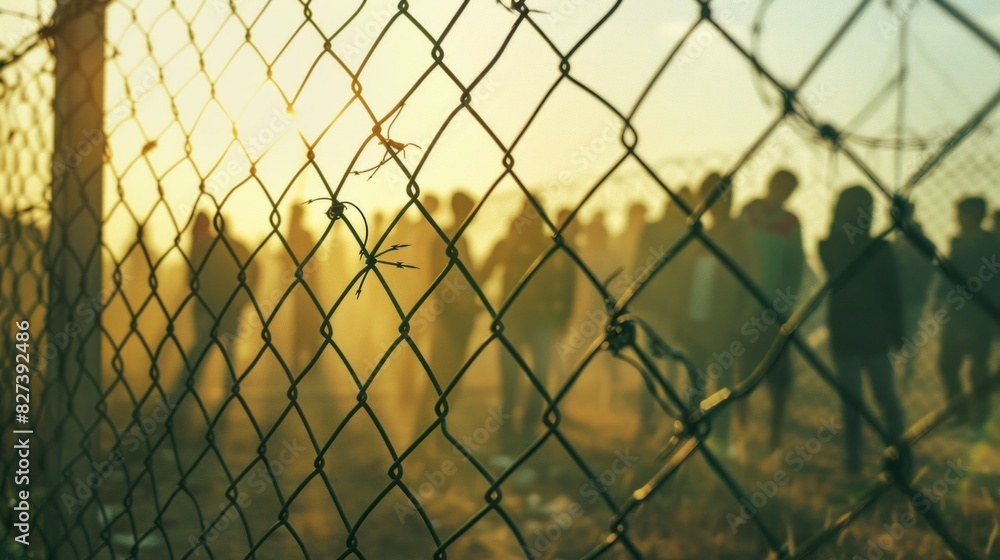 A fence with a crowd of people on the other side A fence with a crowd of people on the other side