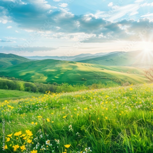 Panoramic Landscape of Green Hills with Blossoming Flowers