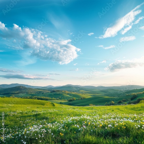 Panoramic Landscape of Green Hills with Blossoming Flowers