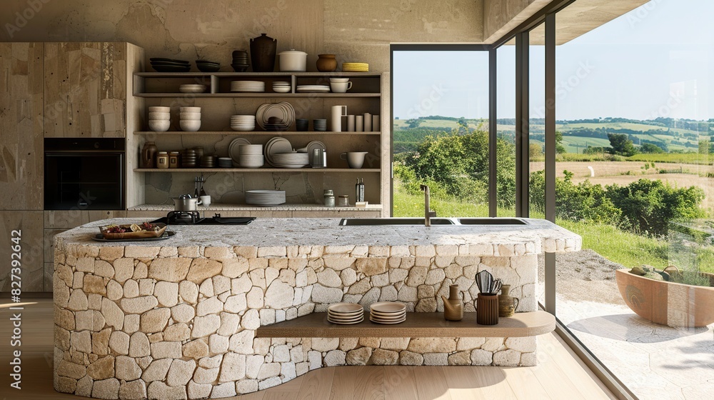 Corner view of home kitchen interior with stone bar island. Generative Ai Corner view of home kitchen interior with stone bar island. Generative Ai
