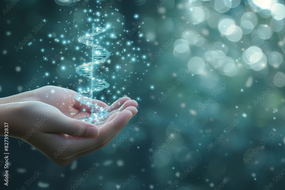 Hand cradling a luminous blue DNA helix in a bokeh filled environment, highlighting the precision and elegance of genetic research Hand cradling a luminous blue DNA helix in a bokeh filled environment, highlighting the precision and elegance of genetic research