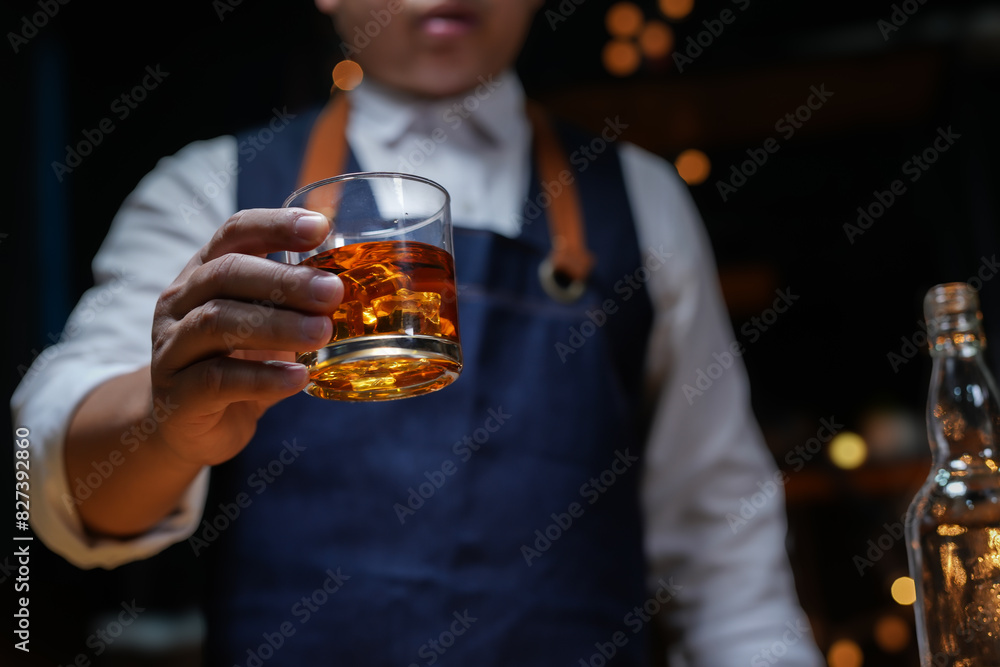 Bartender Serve beer, on wood bar, Bartender Serve beer, on wood bar,